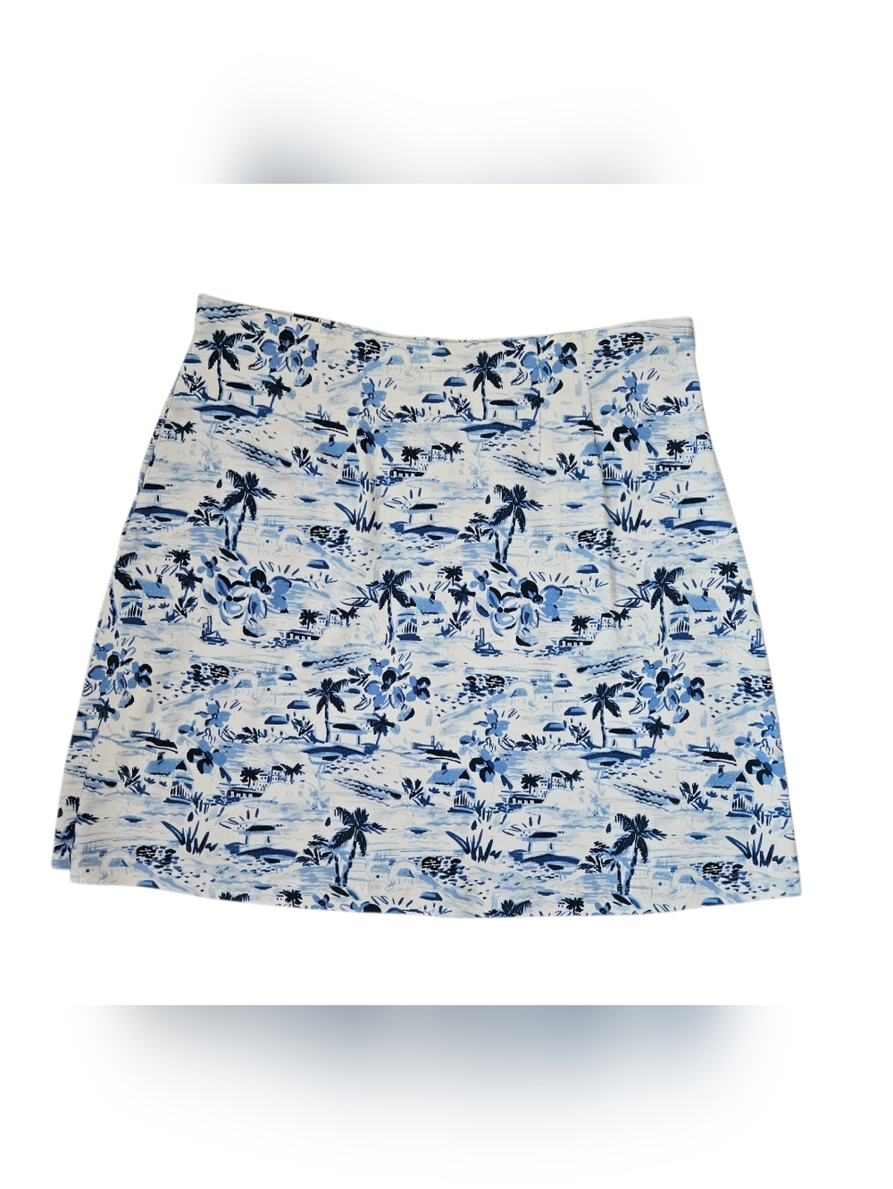 J. JILL Tropical Blue & White Toile Print A-Line Easy Knit Skirt | SZ M
